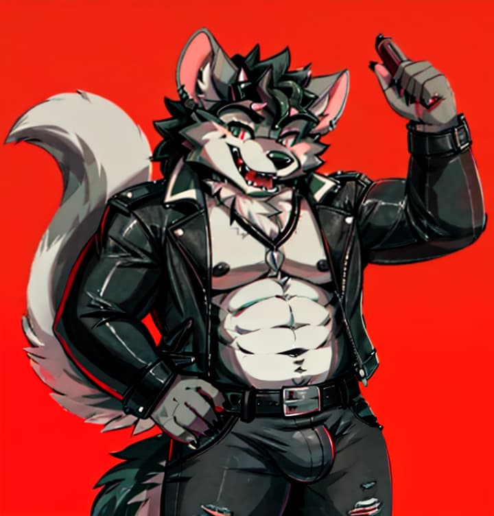  cool twink fluffy rat and wolf mix race guy shirtless with a black leather jacket on open and wearing a black belt and dark grey jeans with a bulge, (anime:1.25)