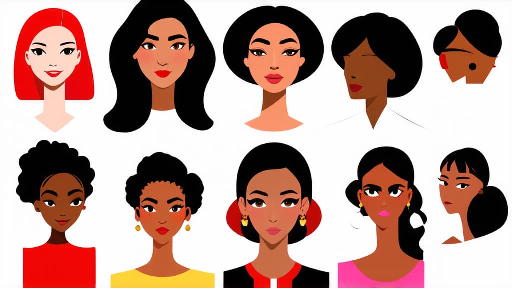  flat illustration, flaticon, (illustration:1.15), different beauty. set of different female heads. different races and nationalities. colored hand drawn illustration ar 16:9, [cory loftis, strobist, pascal campion :: 0.2]