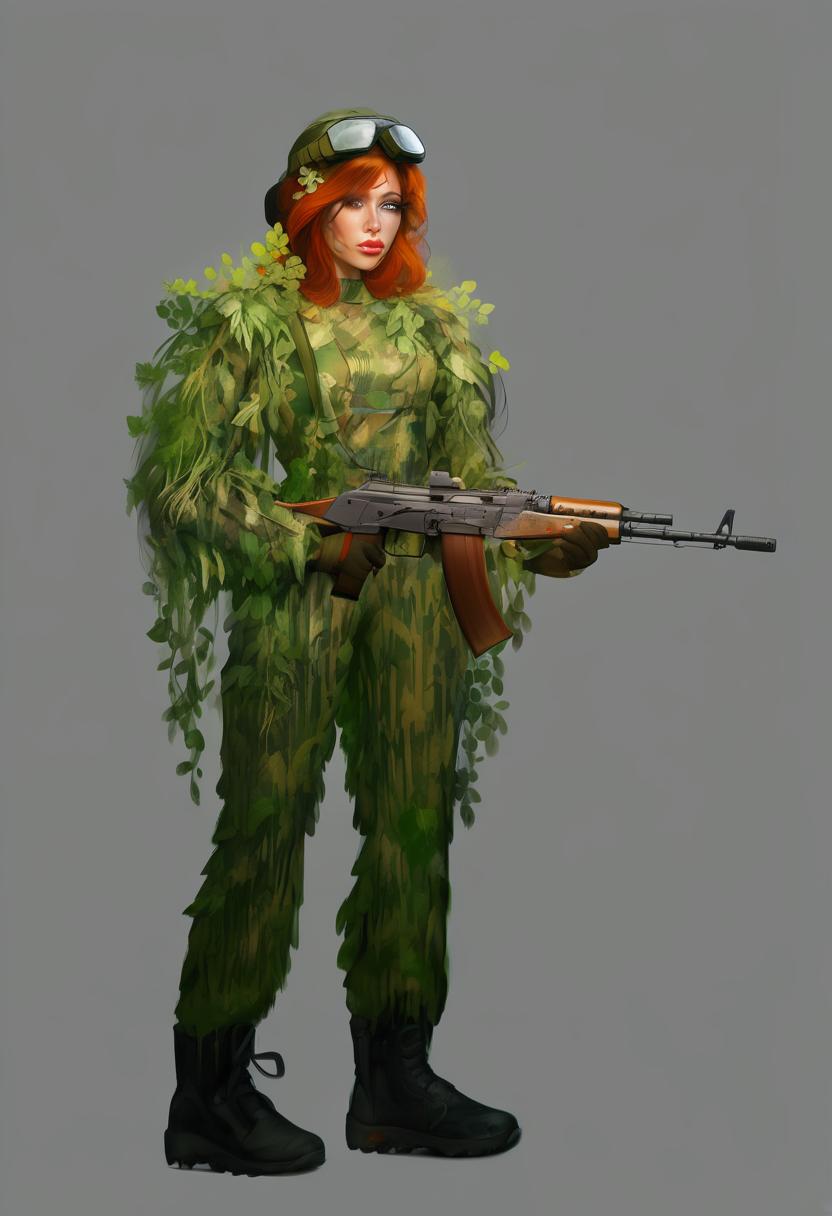  concept art make detailed render art of women with beautiful face, in camouflage suit . digital artwork, illustrative, painterly, matte painting, highly detailed