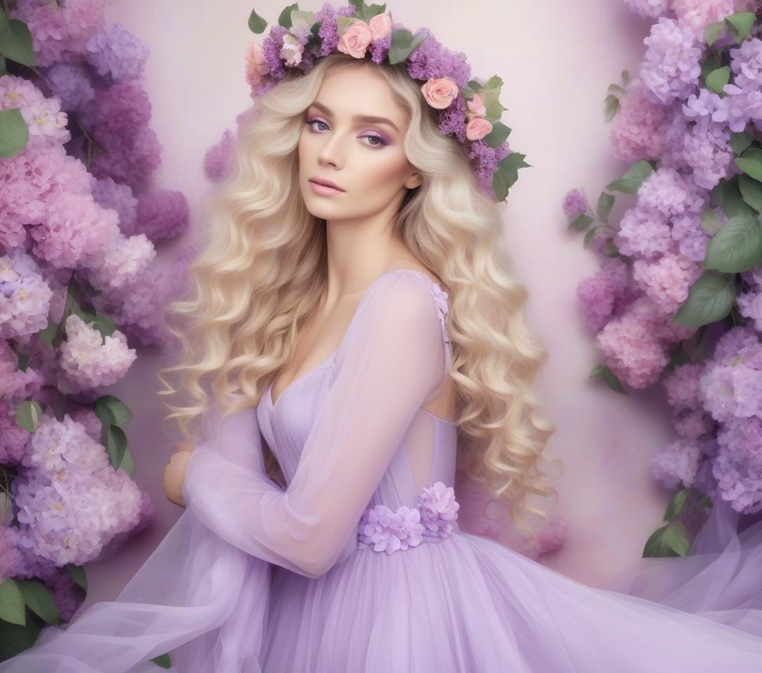  a woman with long curly hair adorned with a floral wreath, dressed in a lilac gown, is set against a soft, floral background. a beautiful white woman with blond hair hanging down wearing a vaporous bright lilac tuille and silk dress. and pink flower headpiece