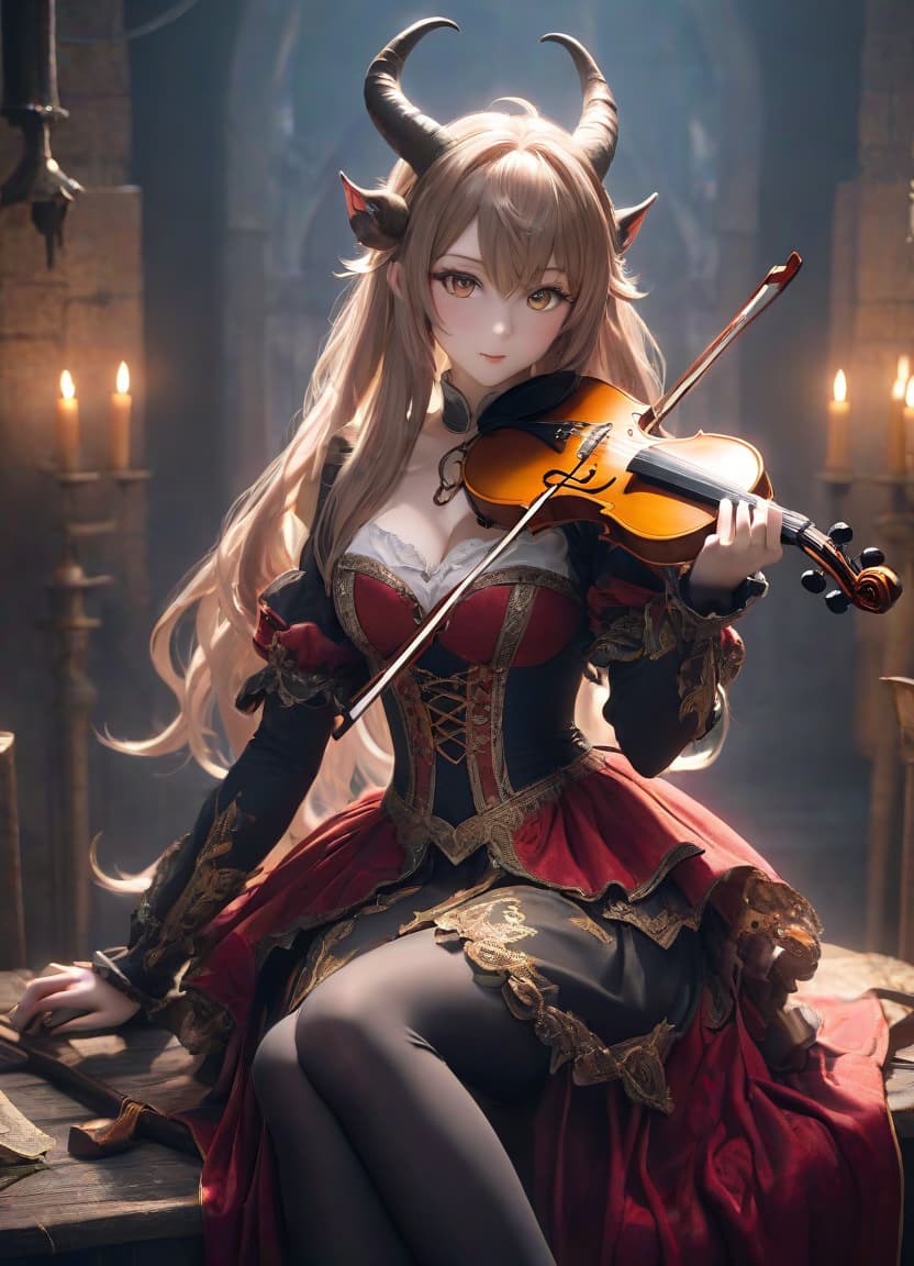  anime artwork bard, violin, demon girl, horns, tail, medieval . anime style, key visual, vibrant, studio anime, highly detailed, hkmagic hyperrealistic, full body, detailed clothing, highly detailed, cinematic lighting, stunningly beautiful, intricate, sharp focus, f/1. 8, 85mm, (centered image composition), (professionally color graded), ((bright soft diffused light)), volumetric fog, trending on instagram, trending on tumblr, HDR 4K, 8K