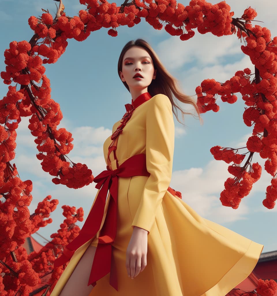  fashion editorial style the sky is red, the sky is red, scarlet. cherry flowers, blue ribbons. yellow dress. yellow clothes. red sky . high fashion, trendy, stylish, editorial, magazine style, professional, highly detailed, hkmagic