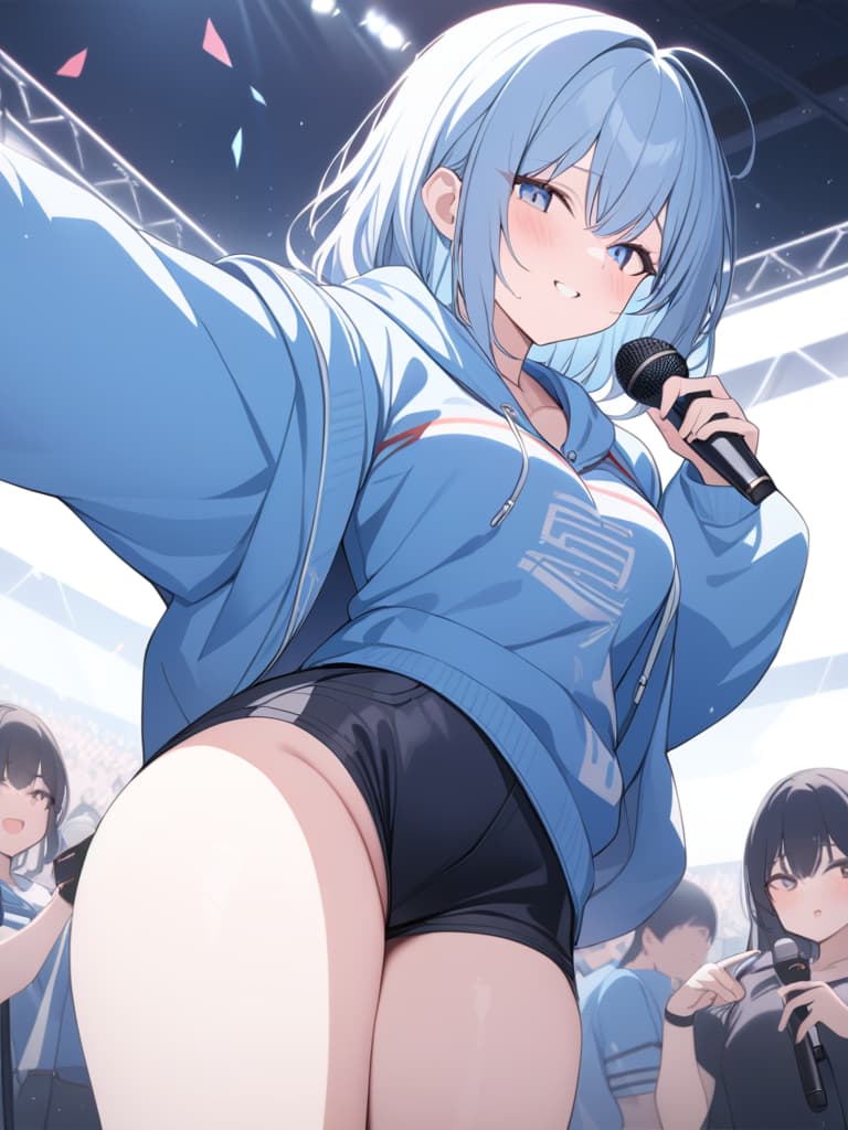  light blue hair, light blue, bob hair, microphone, live, blue hoodie, yay, masterpiece, best quality,8k,ultra detailed,high resolution,an extremely delicate and beautiful,hyper detail