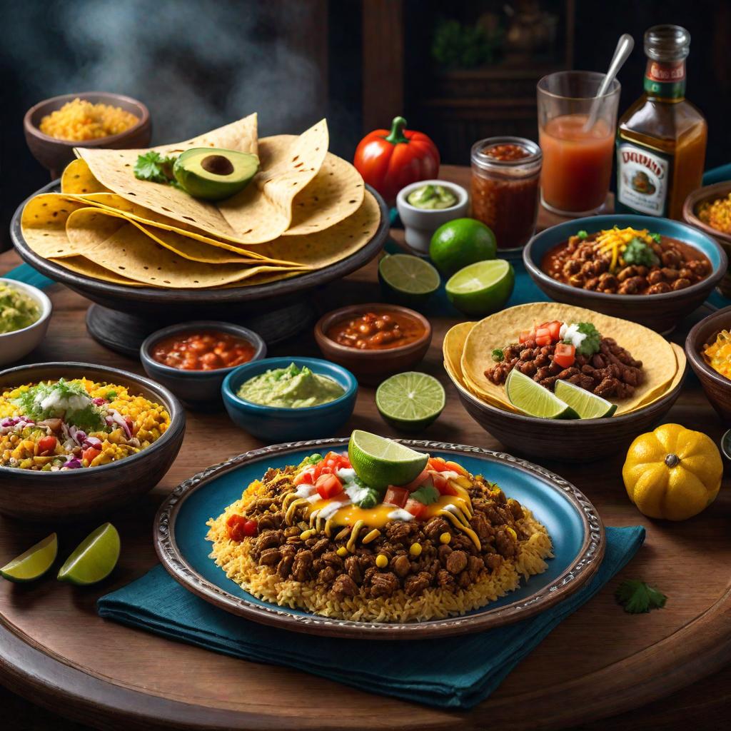  a table full of mexican food hyperrealistic, full body, detailed clothing, highly detailed, cinematic lighting, stunningly beautiful, intricate, sharp focus, f/1. 8, 85mm, (centered image composition), (professionally color graded), ((bright soft diffused light)), volumetric fog, trending on instagram, trending on tumblr, HDR 4K, 8K