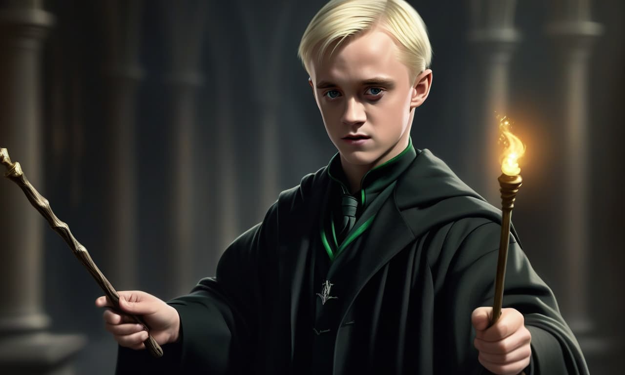  concept art draco malfoy hogwarts, young aristocrat, black magic robe, works magic, magic wand . digital artwork, illustrative, painterly, matte painting, highly detailed