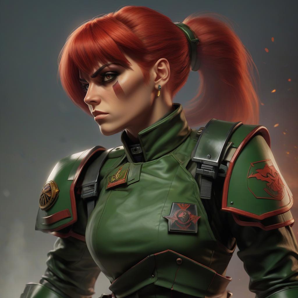  street fighter style a , an imperial guard soldier from warhammer 40,000. she has short, red hair and green eyes . vint, dynamic, arcade, 2d fighting game, highly detailed, reminiscent of street fighter series