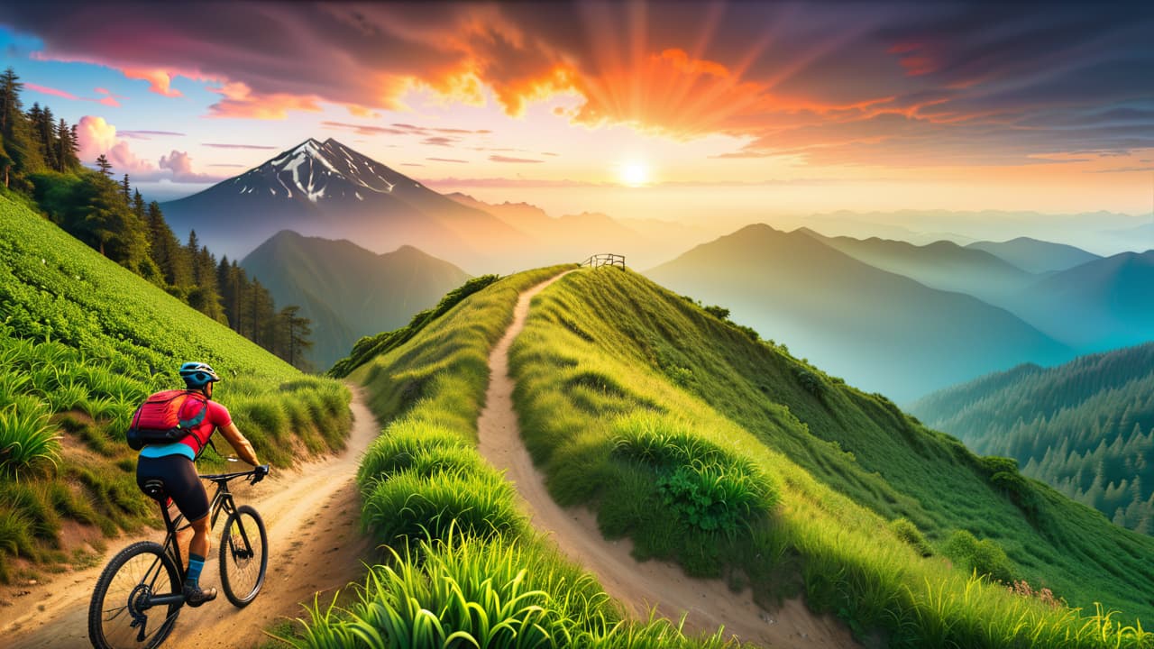  a rugged mountain trail, a cyclist in vibrant gear navigating steep inclines, surrounded by lush greenery and distant peaks, with sweat glistening on their brow, capturing the essence of fitness and adventure in nature. hyperrealistic, full body, detailed clothing, highly detailed, cinematic lighting, stunningly beautiful, intricate, sharp focus, f/1. 8, 85mm, (centered image composition), (professionally color graded), ((bright soft diffused light)), volumetric fog, trending on instagram, trending on tumblr, HDR 4K, 8K