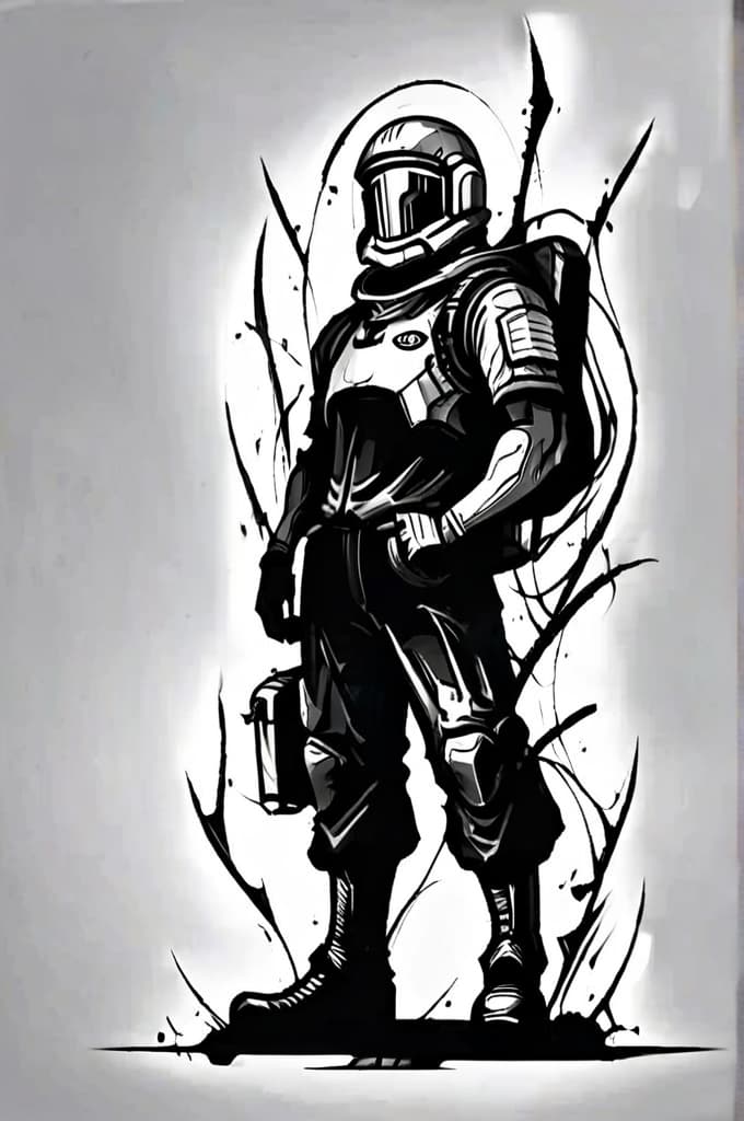  space solder standing in a strong pose, (tattoo sketch:1.25)