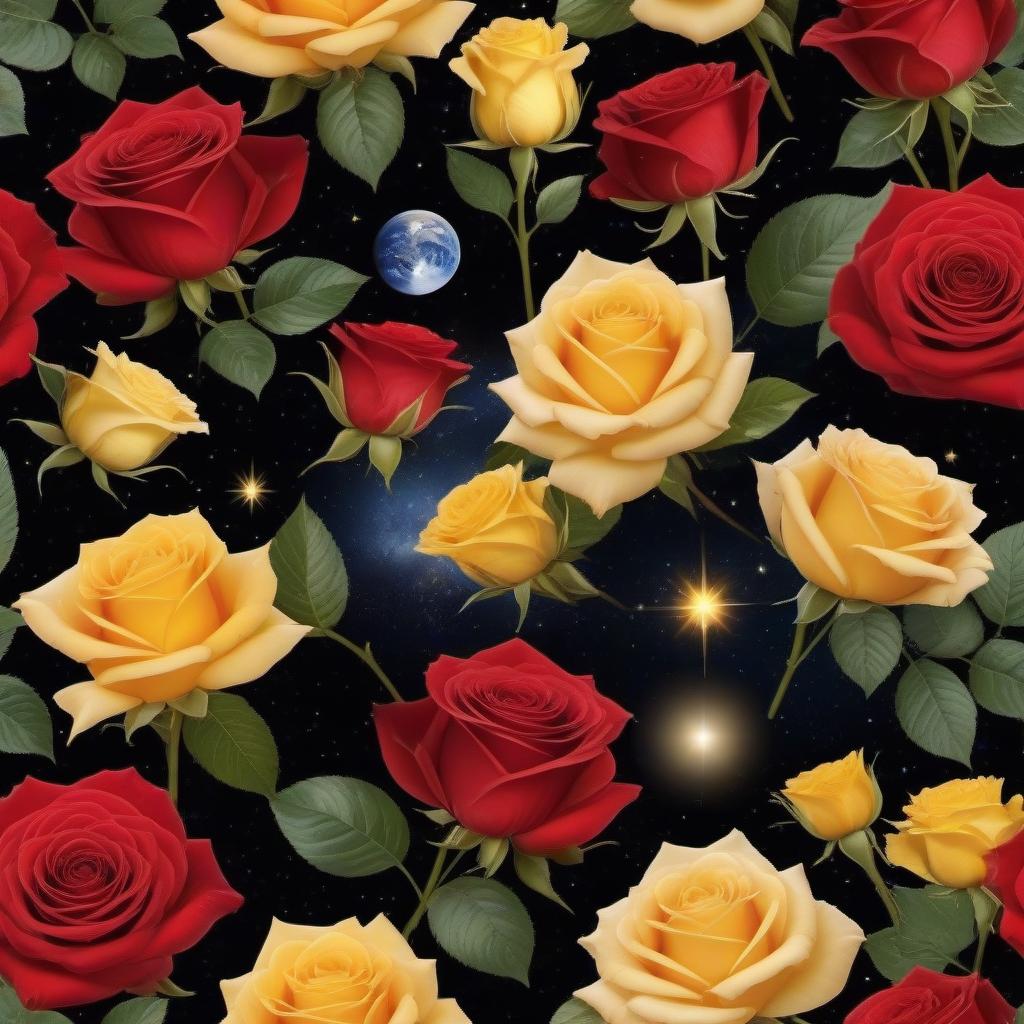  A bouquet of gorgeous red and yellow roses - 11 pieces.Above them, the background is bright stars, comets, planets, the Milky Way, the natal chart. Beauty.