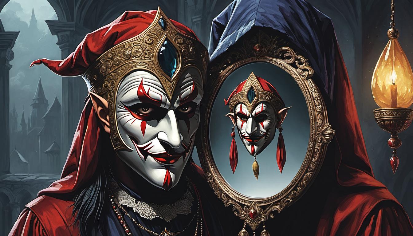  （surrealism)a person wearing a jester’s mask, holding a mirror reflecting characteristics of another, duplicating traits, ironic mystic, intricate details, best quality)