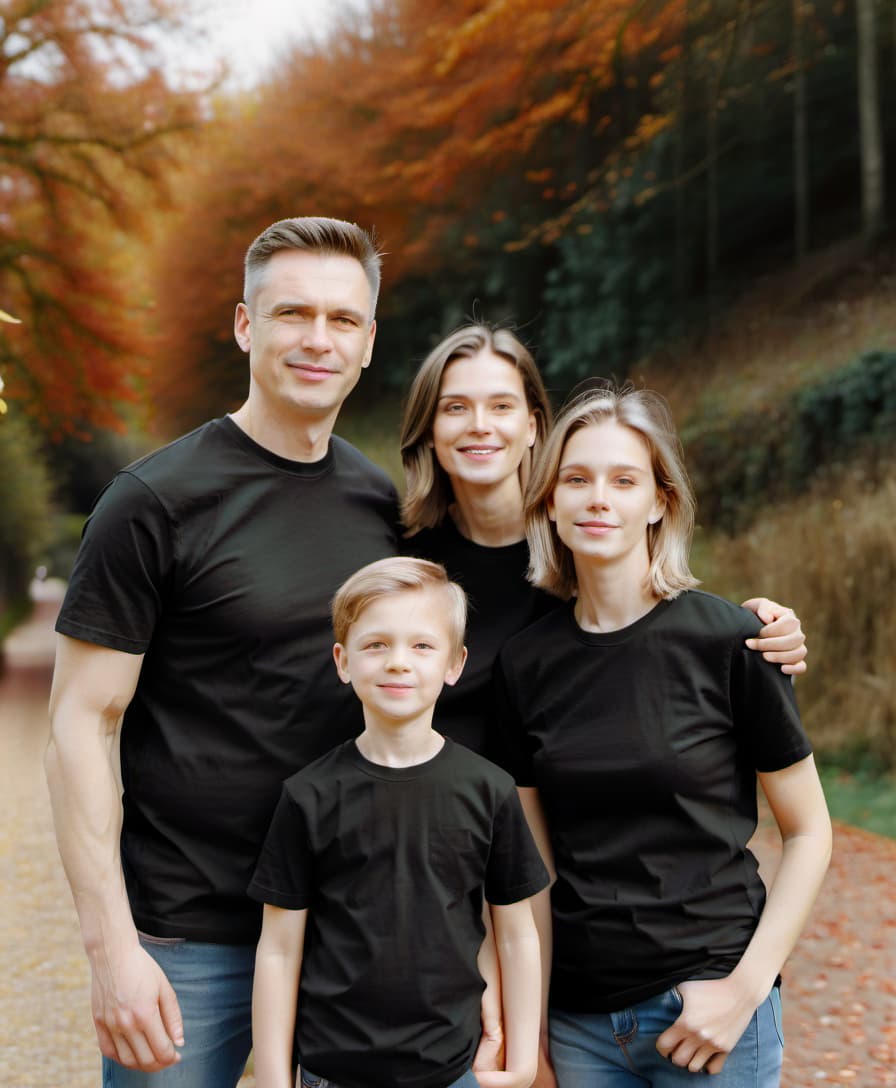  family photo shoot in autumn in black t shirts, high detail, high quality, realism, film photography style