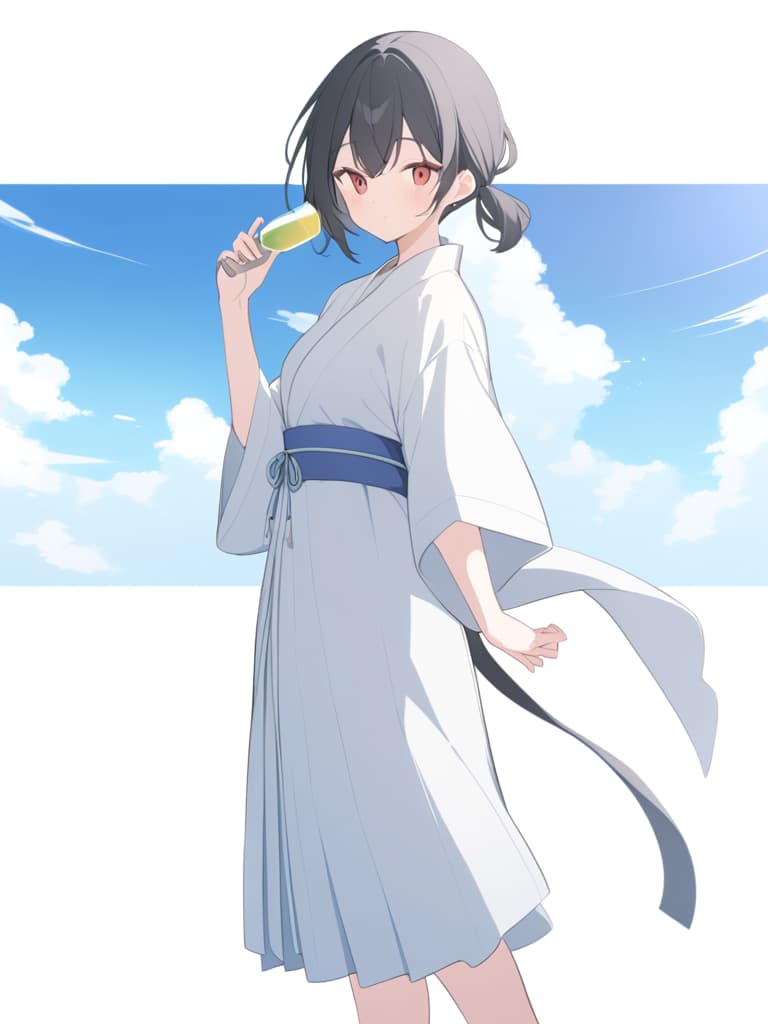  black hair, refreshing, gravure like background, half twin tail, neat, summer cute yukata, pale white and red color, summer blue sky, summer clouds, whole body, distant view,