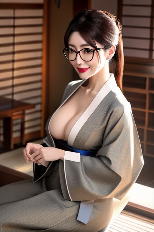  glasses 女性 japanese asses nude nerdy ponytail sitting smile wife kimono hyperrealistic, full body, detailed clothing, highly detailed, cinematic lighting, stunningly beautiful, intricate, sharp focus, f/1. 8, 85mm, (centered image composition), (professionally color graded), ((bright soft diffused light)), volumetric fog, trending on instagram, trending on tumblr, HDR 4K, 8K