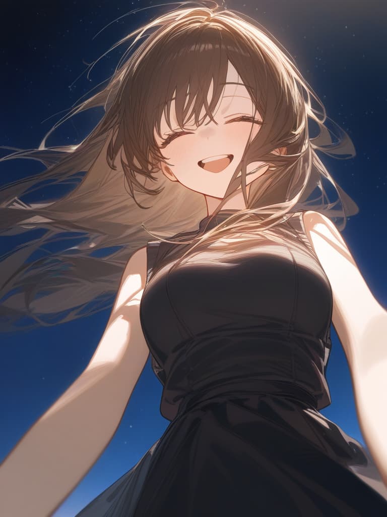  a girl who is laughing at me, bright brown hair, long hair, transparent fleeting, facing here, laughing, under the starry sky, facing here, i am looking at me, wearing a white cardigan over the black sleeveless dress, above the chest, masterpiece, best quality,8k,ultra detailed,high resolution,an extremely delicate and beautiful,hyper detail