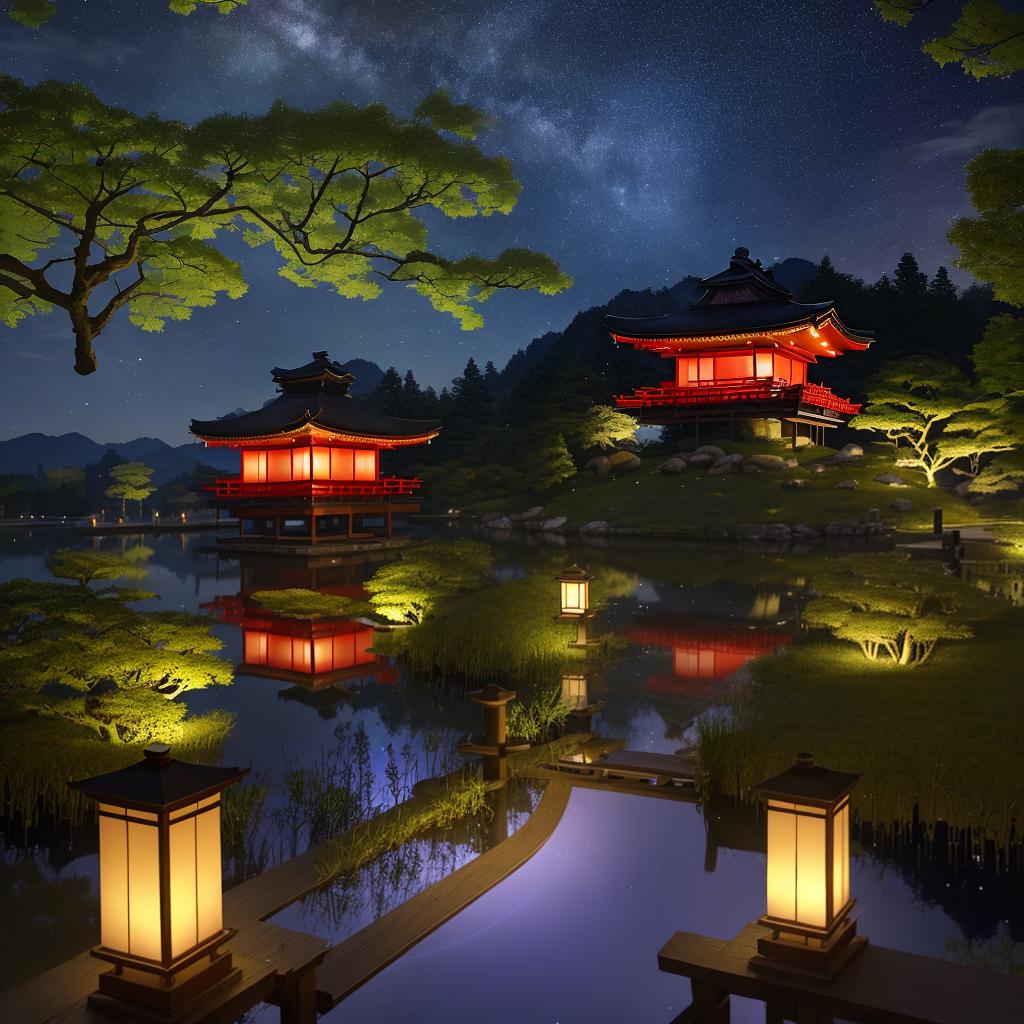  masterpiece, best quality, (Fidelity: 1.4), Best Quality, Masterpiece, Ultra High Resolution, 8k resolution, A night view inspired by Japanese art, featuring a garden illuminated by paper lanterns and a wooden bridge spanning a tranquil lake, by the lakeside, there is a small Zen temple. The water reflects the starry sky.