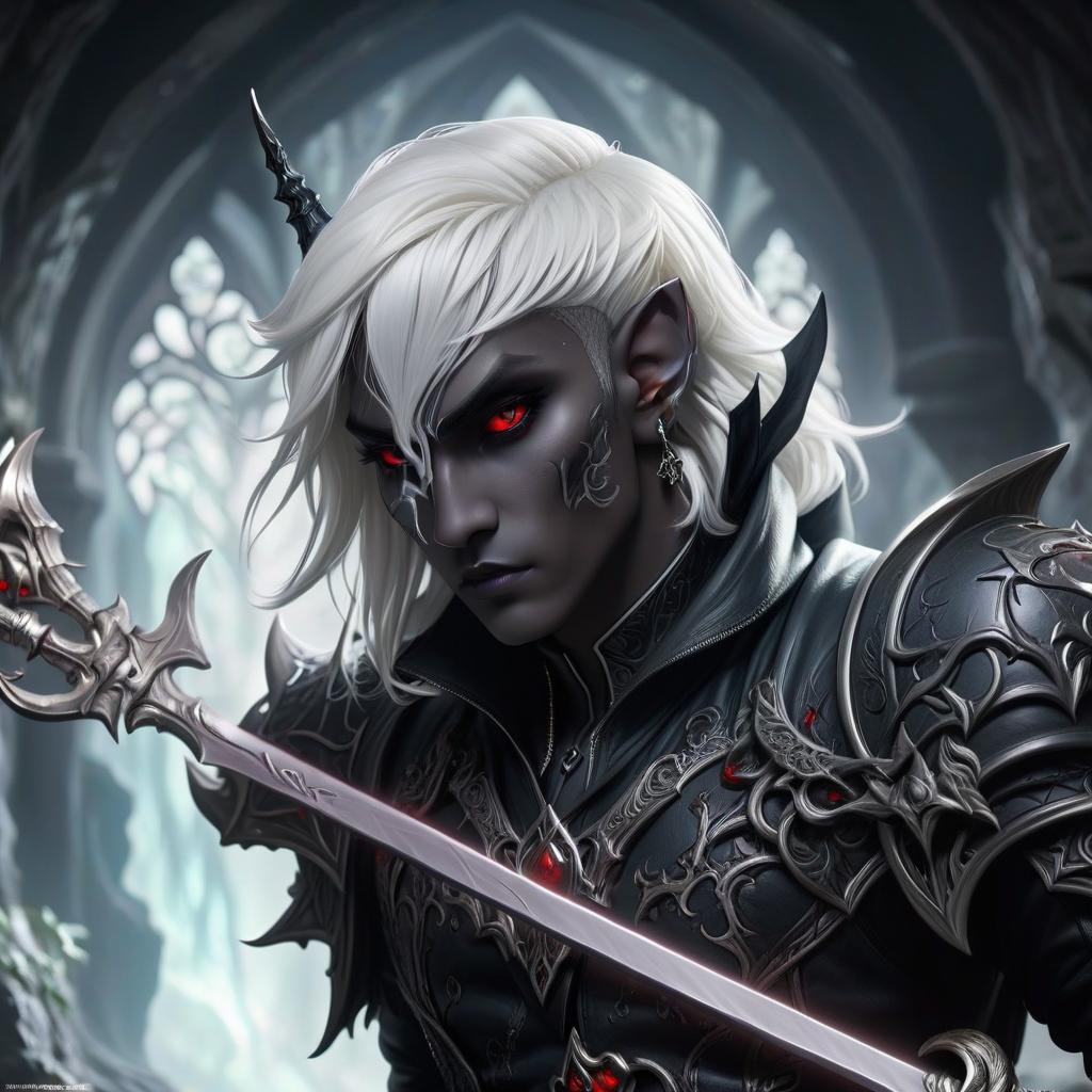  gothic style drow male elf cleric, graphite color skin, red eyes, silver medium haircut, white eyelashes, white brows, black leather jacket, dark cave temple . dark, mysterious, haunting, dramatic, ornate, detailed, civitai, hkmagic