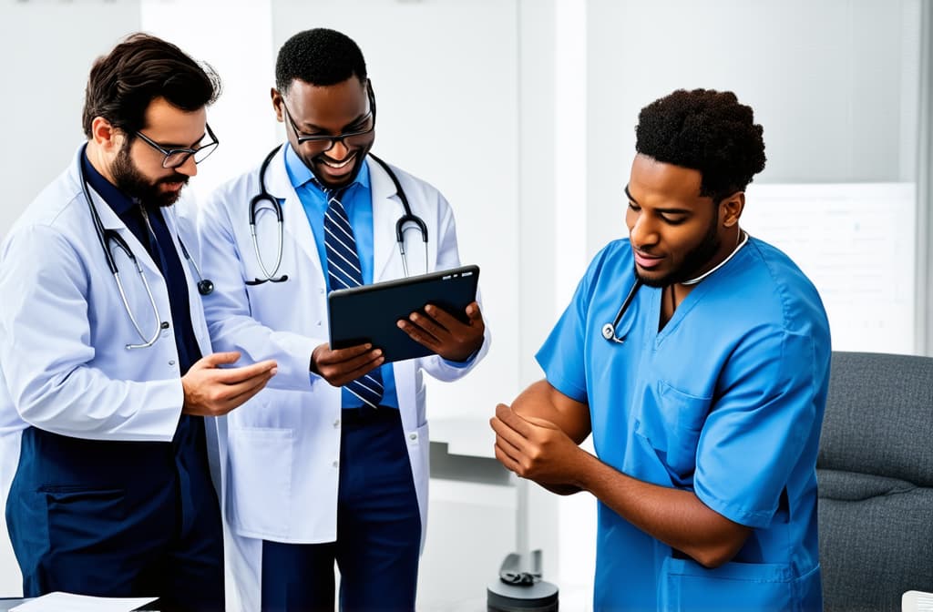  professional detailed photography, multiethnic doctors engaged in collaborative medical consultation, discuss patient disease diagnose or treatment plan, reviewing information, focusing on tablet. teamwork, modern tech in healthcare ar 3:2, (muted colors, dim colors, soothing tones), (vsco:0.3)