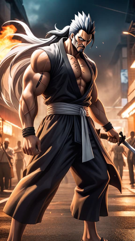  anime art: kenpachi zaraki's intense battles with self imposed handicap, pushing him to his limits. hyperrealistic, full body, detailed clothing, highly detailed, cinematic lighting, stunningly beautiful, intricate, sharp focus, f/1. 8, 85mm, (centered image composition), (professionally color graded), ((bright soft diffused light)), volumetric fog, trending on instagram, trending on tumblr, HDR 4K, 8K