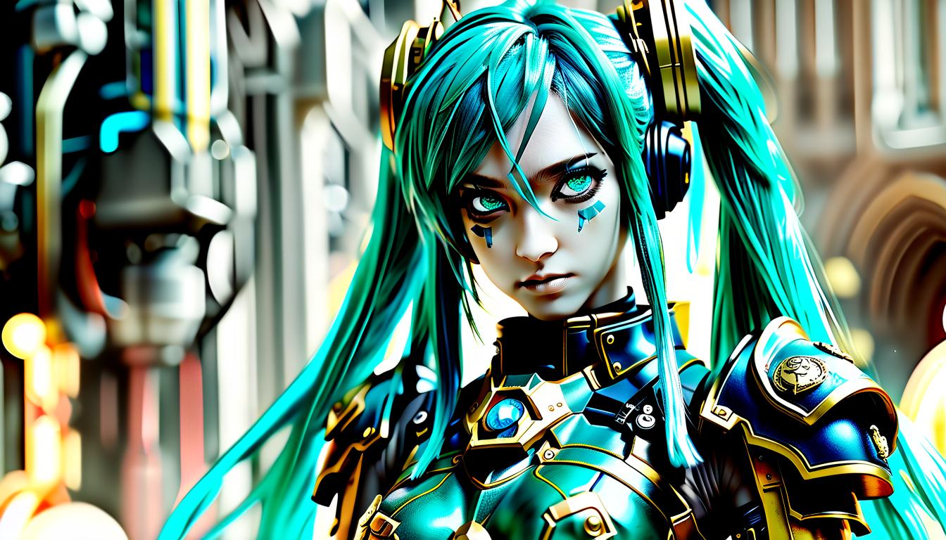  hyperrealistic art miku hatsune in armor astartes from warhammer 40k . extremely high resolution details, photographic, realism pushed to extreme, fine texture, incredibly lifelike, glowneon, perfecteyes