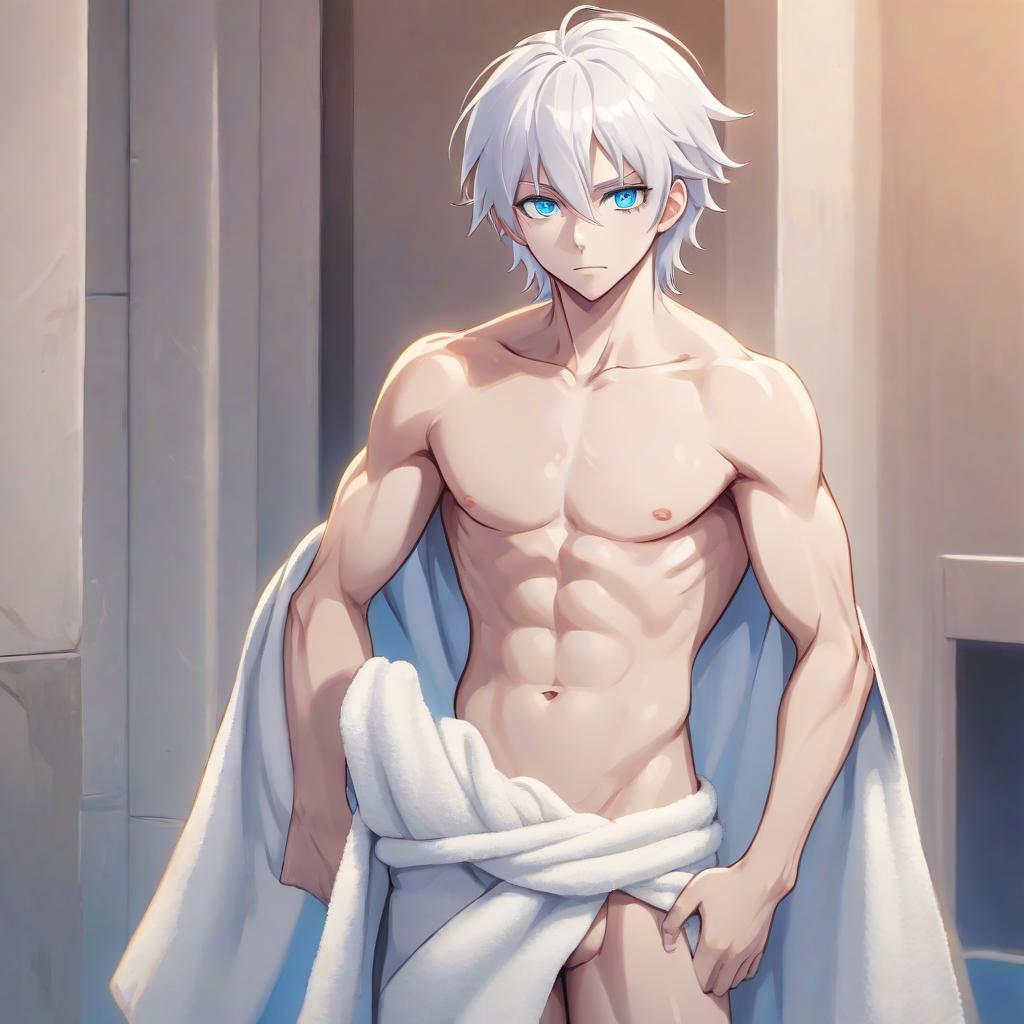  anime artwork a man with a bare torso stands with a towel on his hips, he has white hair and blue eyes, he does not pose much, looking to the side . anime style, key visual, vibrant, studio anime, highly detailed