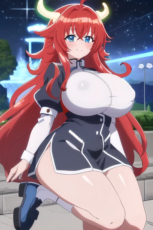  wearing a long ,white puffy sneakers,smiling,blushing,park,full body view,masterpiece, best quality, 1women, long red hair, looking at viewer, :3, cute, black uniform, outdoors, streets, cow shot, curvy, (((blue eyes))), rias gremory, red hair, antenna hair, wavy hair, ((beautiful detailed eyes, beautiful detailed glow, lots of glow)), anime screencap