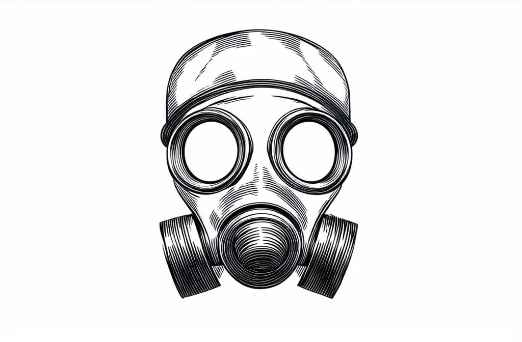  contour, very simple image in one unbroken black ink line, single line of gas mask and radiation sign, engraving illustration, icon isolated on white background ar 3:2 using a single continuous black line ink brushon white background, drawing should be created without lifting the pen, recognizable features of gas mask and radiation sign, engraving illustration, icon isolated on white background ar 3:2 in one unbroken line