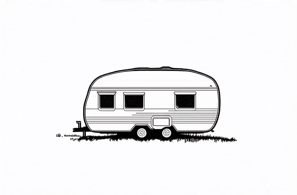  contour, very simple image in one unbroken black ink line, single line of caravan house camping at nature ar 3:2 using a single continuous black line ink brushon white background, drawing should be created without lifting the pen, recognizable features of caravan house camping at nature ar 3:2 in one unbroken line