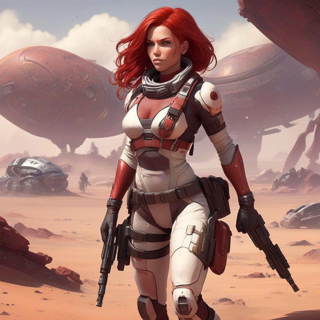  draw a full length female character, athletic build, red hair, the character lives on a distant colonized planet, specialization mercenary