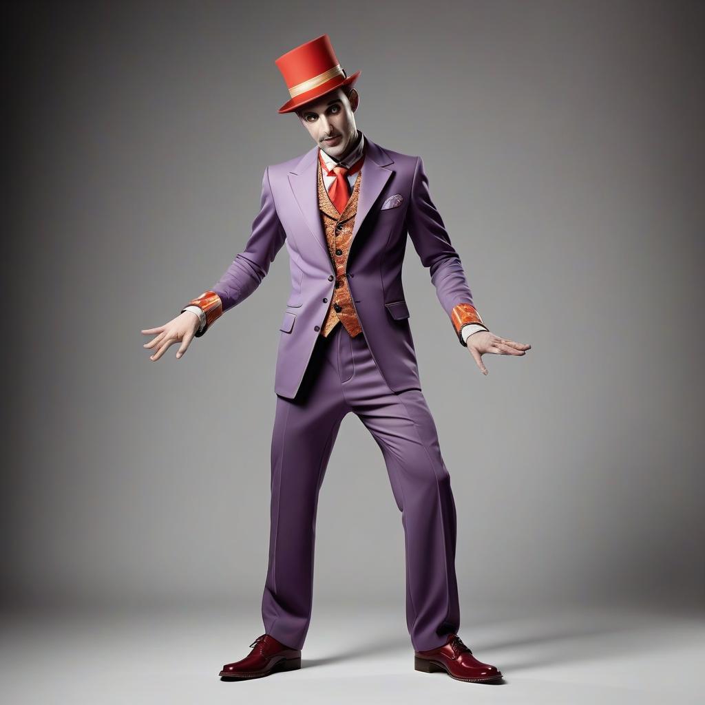  a stage image of a man. circus costume with elements of originality, large pockets, hat from the future. full length suit with shoes. good face. musical elements