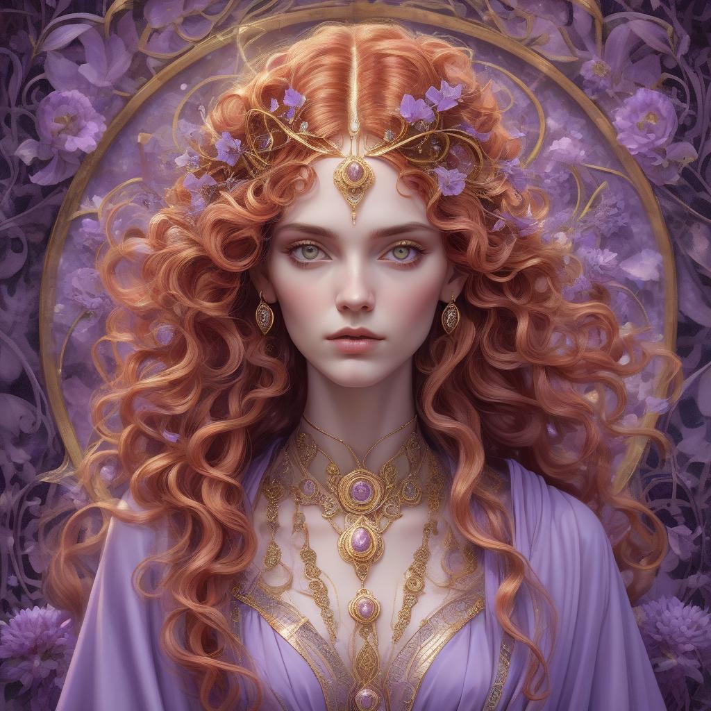  a sorceress of time, long crimson pre raphaelite style hair with curls forming fibonacci spirals, robed in a lavender gown that flows like liquid gold, intricate and luxurious, a vision of beauty that defies the ages. opalescent, pearlescent, prismatic, luminescent, zentangle, filigree, molten gold, masterpiece museum quality, by josephine y this portrait combines the mystique of ancient deities with the grace of modern aesthetics, inviting the viewer into a world where magic reigns supreme. chaos 40 ar 3:4 stylize 800, trending on artstation, sharp focus, studio photo, intricate details, highly detailed, by greg rutkowski