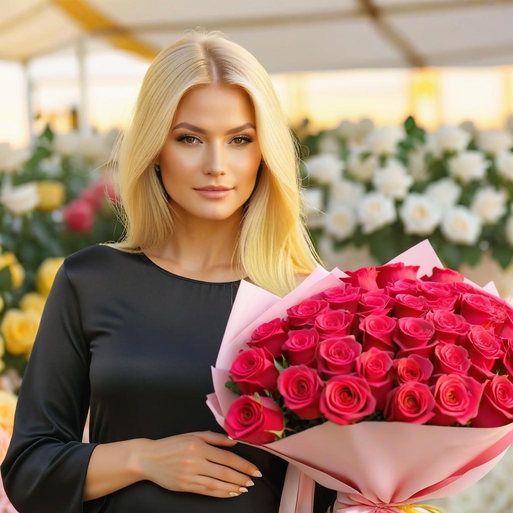  (very long fair hair), blondy hair, dressed in (closed yellow women's top) ; maximum detail, maximum quality, specular view, shallow depth of field, smooth, cinematic film still, (bright light morning background ), bouquet of roses in hands.