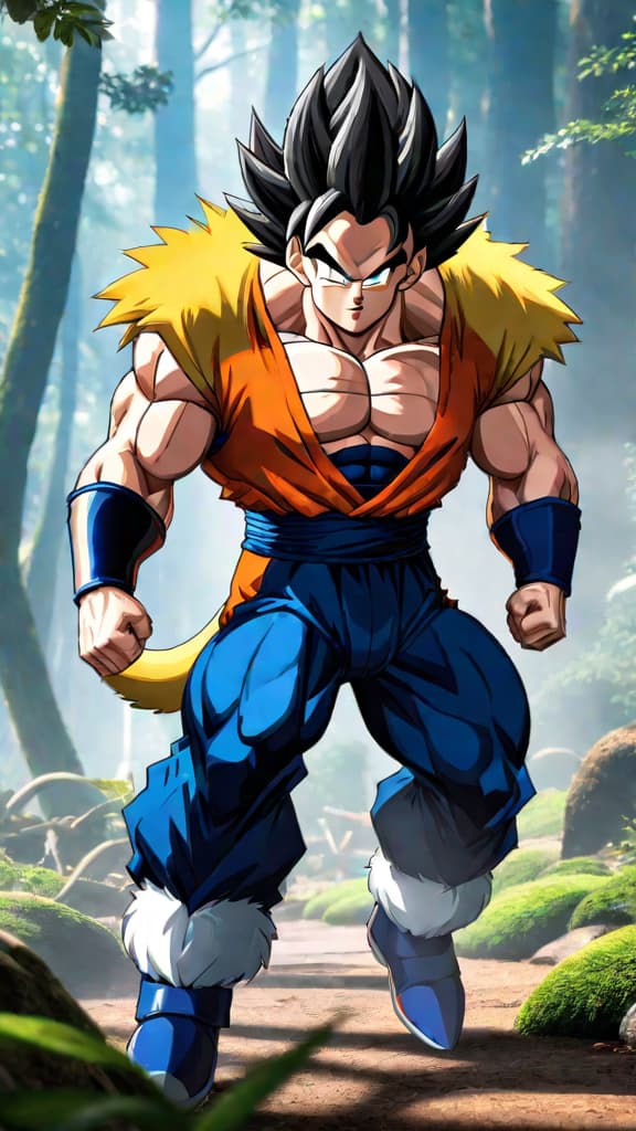  anime art: goku and vegeta with tails, showcasing their ability to transform into great apes on planet vegeta. hyperrealistic, full body, detailed clothing, highly detailed, cinematic lighting, stunningly beautiful, intricate, sharp focus, f/1. 8, 85mm, (centered image composition), (professionally color graded), ((bright soft diffused light)), volumetric fog, trending on instagram, trending on tumblr, HDR 4K, 8K