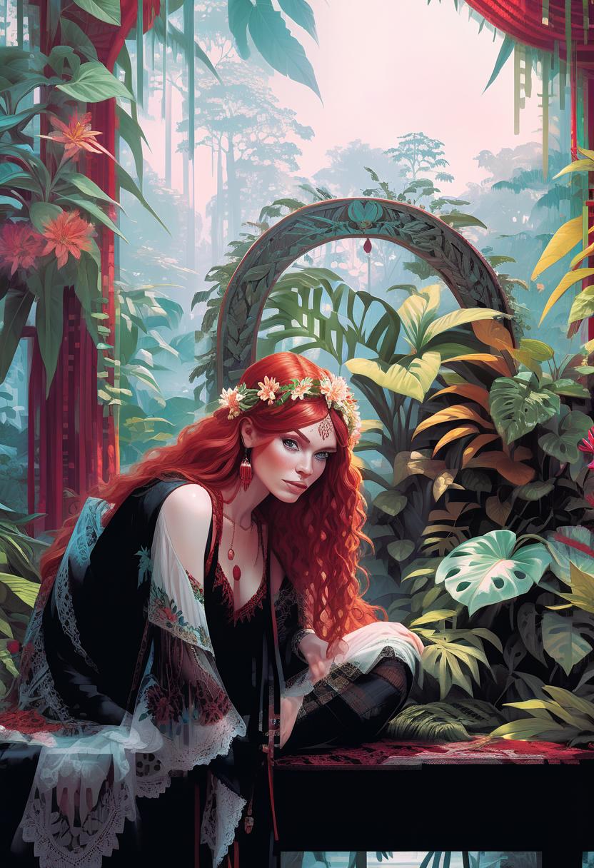  portrait of beautiful red haired bohemian queen wearing red colour lace surrounded by jungle plants and flowers art by mike mayhew and mark brooks and ross tran 8k resolution