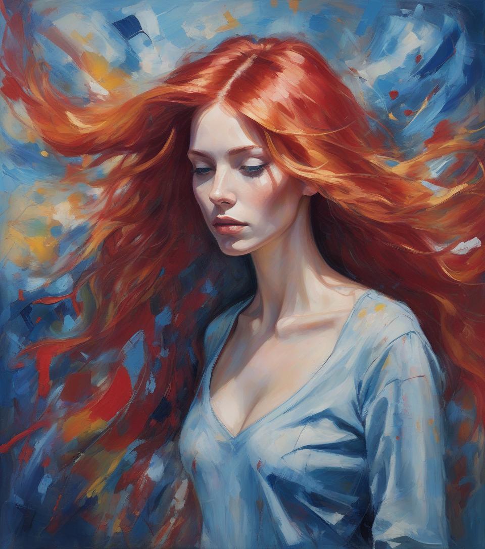  a captivating impressionist portrait painting showcases a stunning woman with cascading red hair, her gaze locked with the viewer, exuding serenity and self assurance. her radiant hair seems to dance with life, as if it has a spirit of its own. the backdrop is a swirling, vivid blend of reds and blues, creating an energetic atmosphere. the visible brushstrokes and dynamic movement of the paint evoke a sense of life and emotion. this masterful blend of realism and abstract expressionism breathes life into the subject, capturing her essence in every stroke, making her a true work of art.