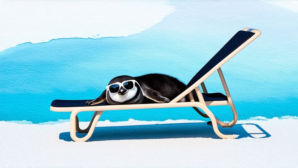  professional detailed photography, a lonely penguin in sunglasses lies on a sun lounger on ice against a watercolor background. ar 16:9, (muted colors, dim colors, soothing tones), (vsco:0.3)