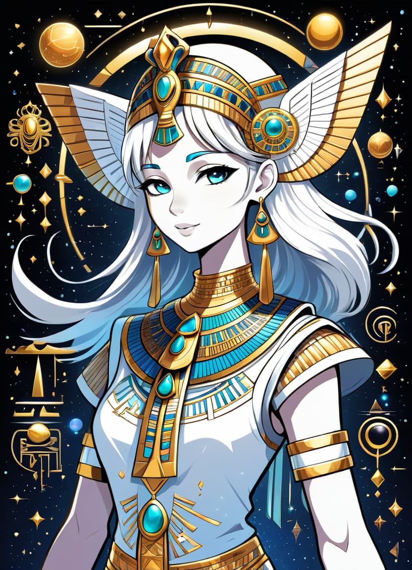  a humorous illustration. bright colors, cartoon style. on the black background, shiny contours outlines of silhouette of a egiptian girl made of egyptian hieroglyphs, (white color egyptian hieroglyphs:1.4), frame with intricate thin ornamentation from comet, stars and cosmic dust: (thin: 1,4) lines,