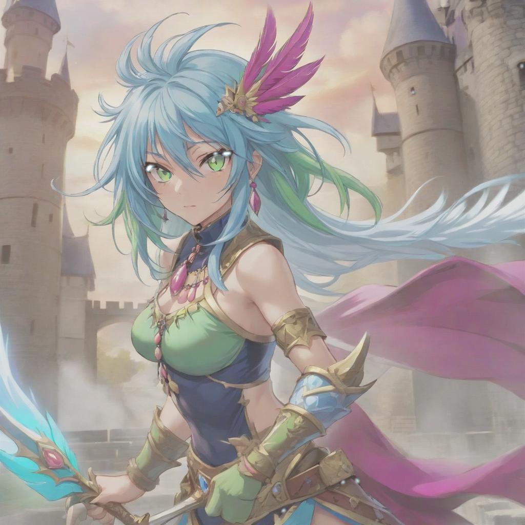  long exposure photo of portrait of strong rage amazonas lancer. lightgreen eye. long blue hair. tilting head down, magenta mantle, shoulder pad feather, accessory necklace with pearls on the forehead, against the background of the castle siege . blurred motion, streaks of light, surreal, dreamy, ghosting effect, highly detailed, sticker, hkmagic