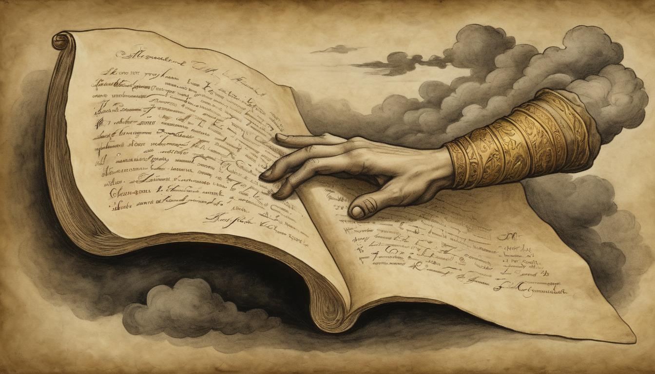  on parchment, surrealism++, a scroll with glowing, golden text, held by a mystical hand emerging from dark clouds, divine, commanding(mysterious, provocative, symbolic)++