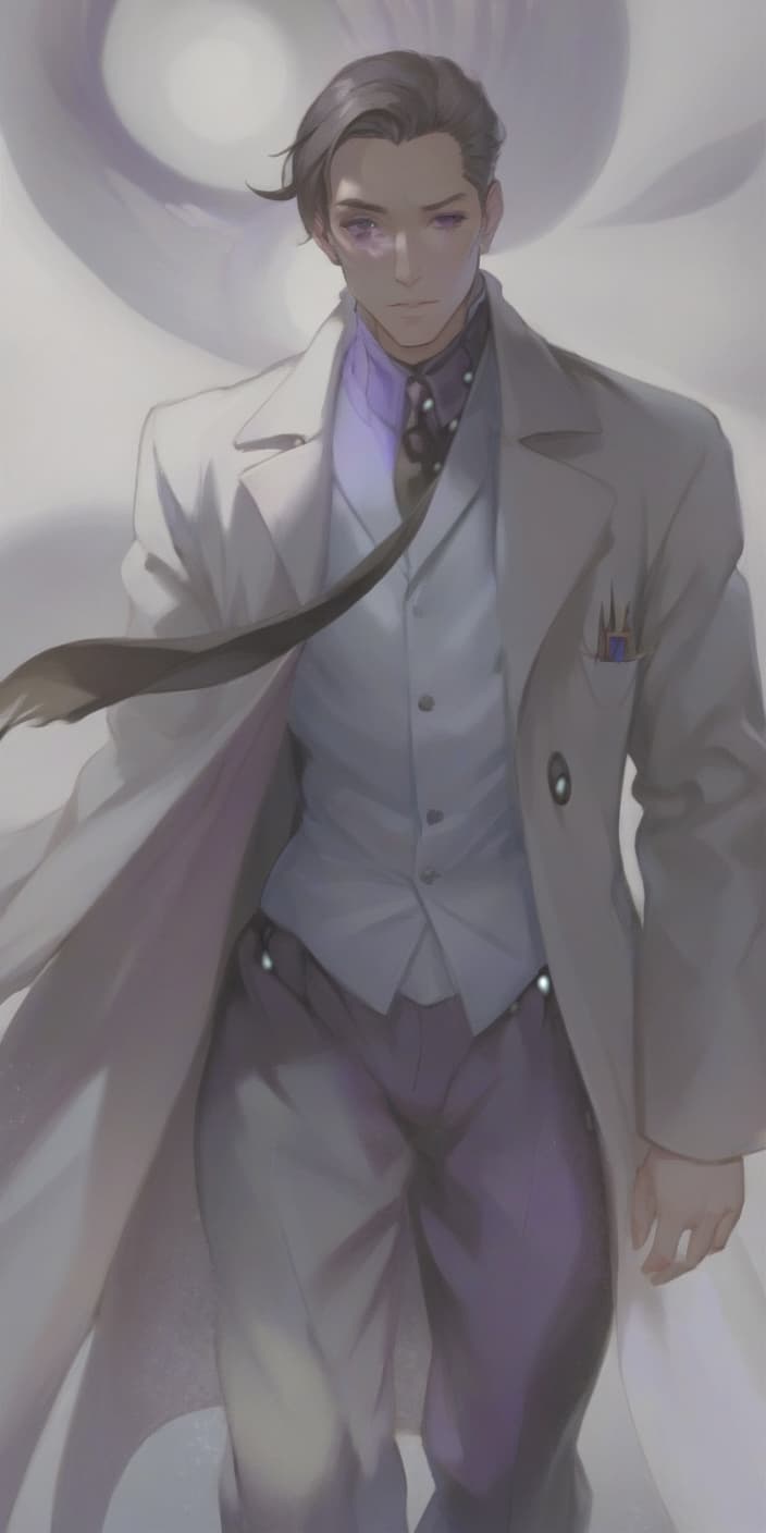  man in long white coat, right eye with purple iris