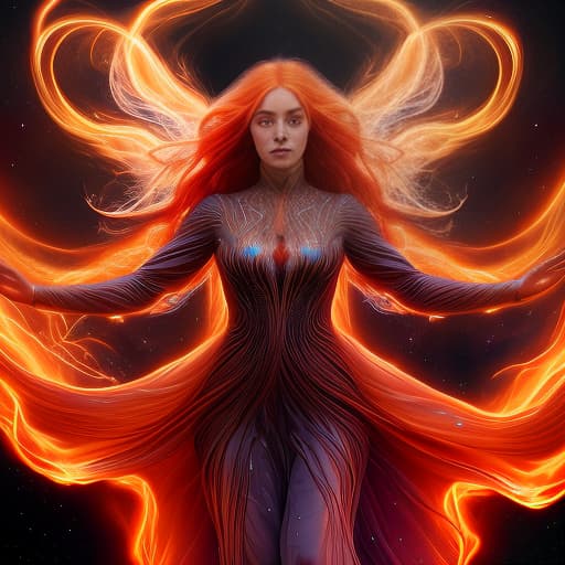  kirlian photography of a woman with long hair flying through the air, by marie bashkirtseff, glowneon fantasy art, dress made of fire, beautiful iphone wallpaper, jean grey, a still of an ethereal, fairy dust in the air, orange glowing hair, intricate wlop, fires glow lonely