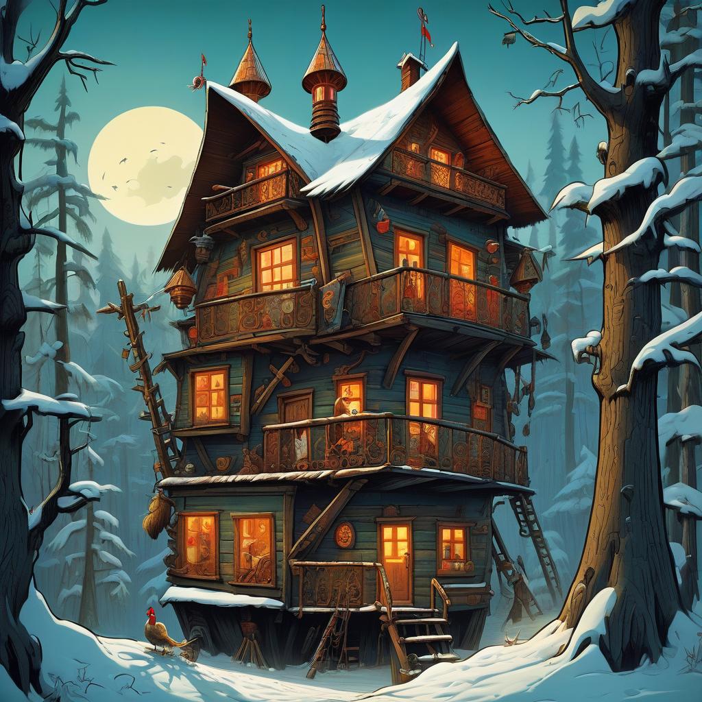  cartoon style. russian folk tales. {five story (hut on chicken legs) on each floor looks out of the window baba yaga}.