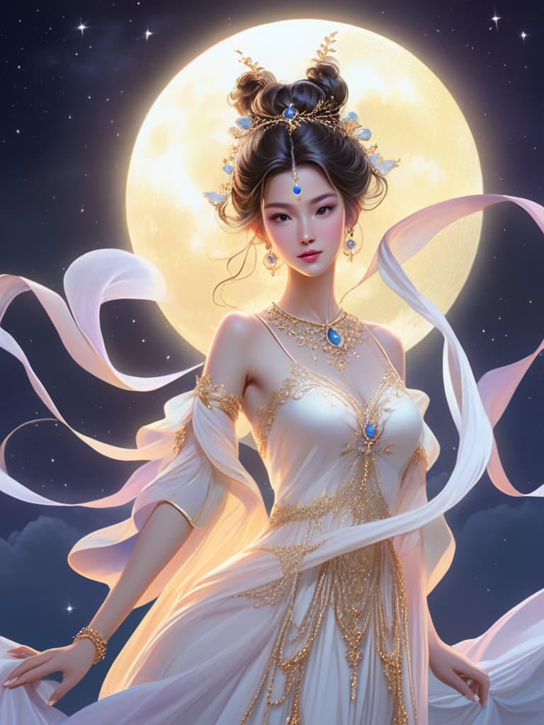  a beautiful young woman dressed in a white, elegant gown. she is standing under a moonlit sky, and there is a captivating aura surrounding her. the woman's hair is styled in an intricate manner, and she is adorned with jewelry, including a necklace and earrings. the scene also includes a prominent moon in the background, creating a serene and enchanting atmosphere.