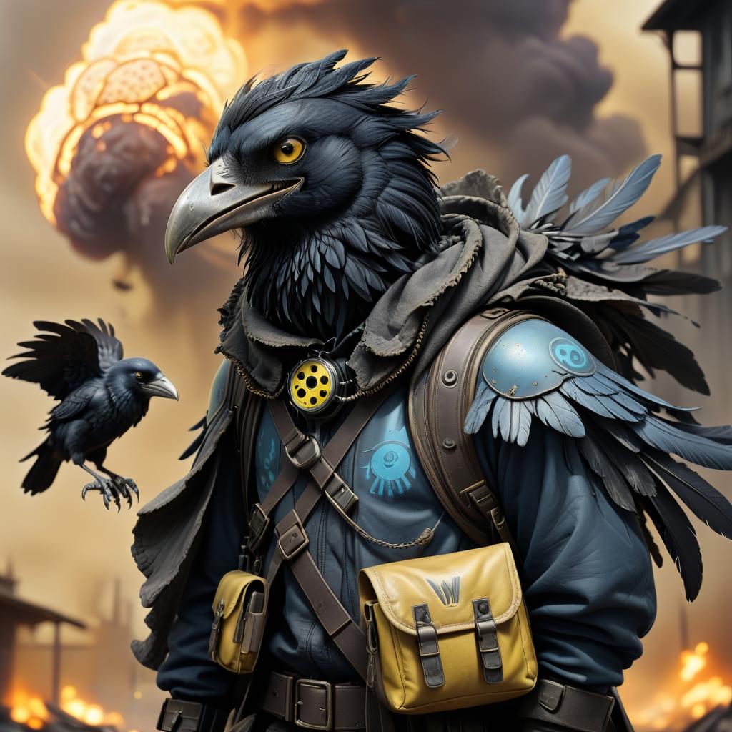  dystopian style black with blue tint avian humanoid race with raven head alchemist, ruffled feathers, mischievous yellow eyes, smiling, rags and leather cloak with lots of pockets, big backpack with pockets, nuclear explosions and detonation blasts . bleak, post apocalyptic, somber, dramatic, highly detailed, civitai