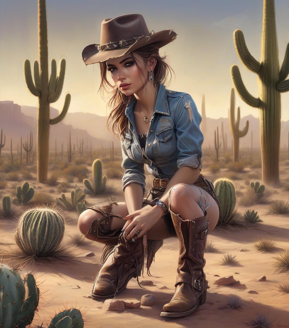  grunge style arafed woman in cowboy outfit kneeling in desert with cactus, female cowgirl, by mort künstler, by magali villeneuve, by pamela ascherson, highly detailed digital painting, cowgirl, western art, in stunning digital paint, western cowgirl, realistic digital painting, smiling woman, photorealistic digital painting, ultradetailed digital painting . textured, distressed, vintage, edgy, punk rock vibe, dirty, noisy