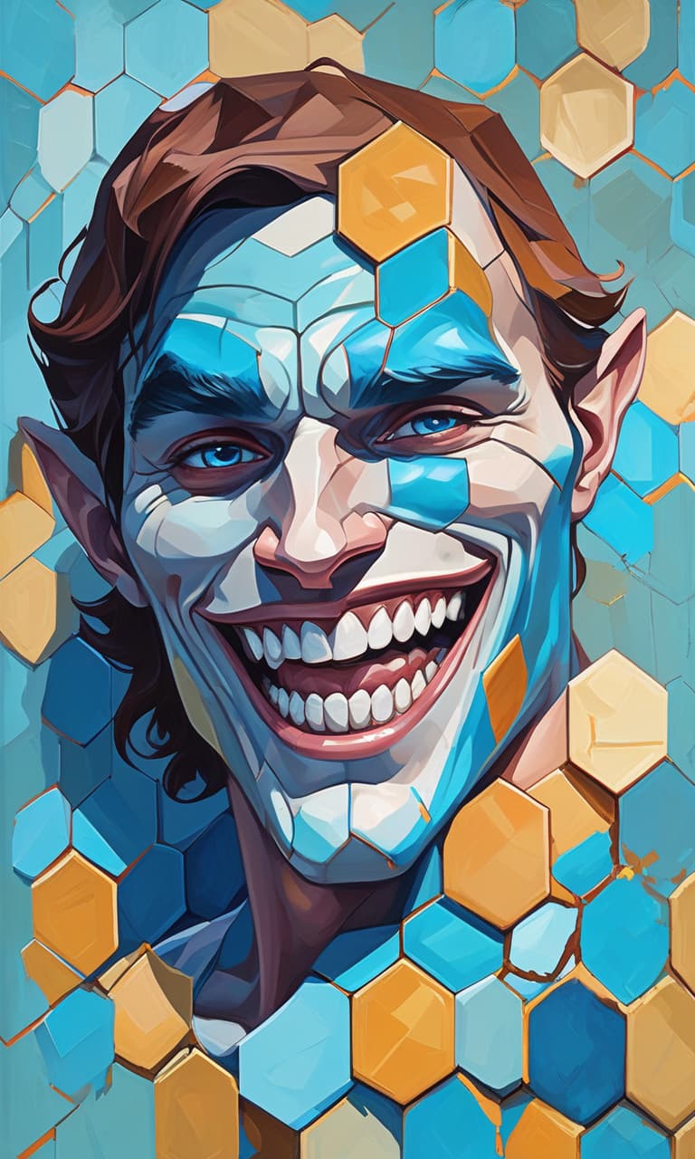  low poly style (palette knife oil painting:1.3) showcasing (honeycomb textures:1.2) with a dramatic split in half—(left side azure color:1.1) and (right side mahogany color:1.1). an (extremely close up view:1.2) of a (jester face:1.3) emerges from the textures, featuring tint of smile, (sly eyes:1.2) and (facial features blending seamlessly:1.1) with the (canvas textures:1.3). (painted skin:1.3) has a creepy look, highlighting the (dark art style:1.2) in this (surreal portrait:1.3). . low poly game art, polygon mesh, jagged, blocky, wireframe edges, centered composition