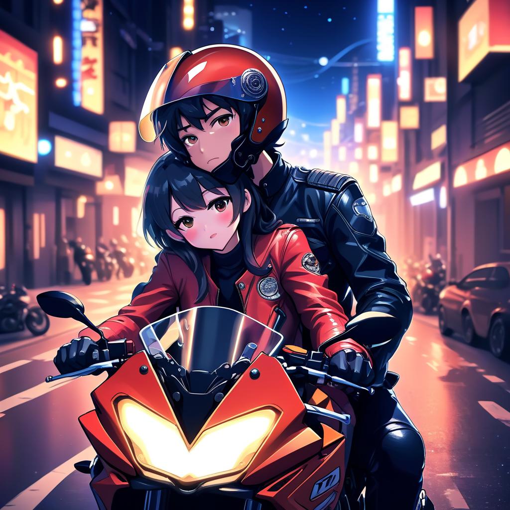  anime artwork at the wheel of a motorcycle sits a guy in a motorcycle helmet, and behind him sits a girl and hugs this guy, against the background of the night lights of the road, the picture in motion . anime style, key visual, vibrant, studio anime, highly detailed