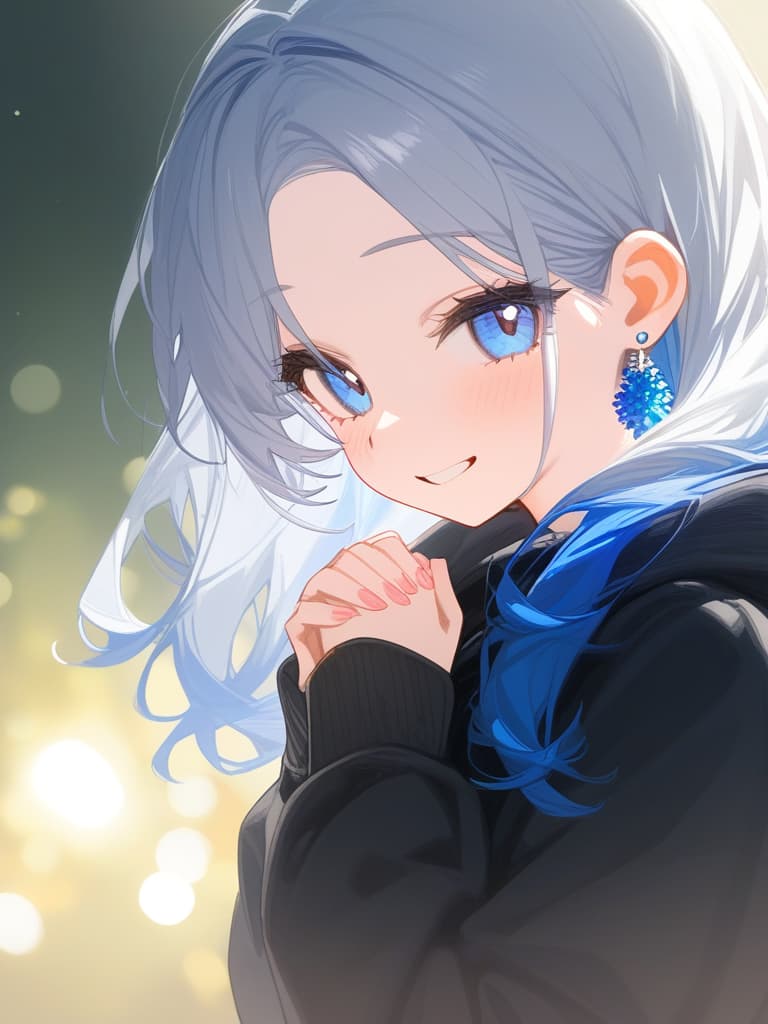  (500 thanks)(text),1girl,best quality,(gradation hair:1.3),white hair,blue hair,masterpiece,(black parka:1.3),(((own hands together))),bob,(earrings:1.3),joyful,(endearing smile),looking at the camera,close up,