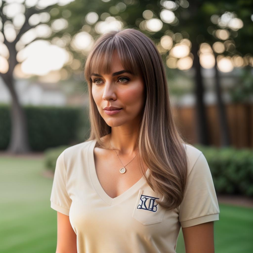  (((realistic full torso frontal head shot of a light beige to medium tan skin tone woman))), liselotte jane winkler, ((caucasian heritage)), immature face, brown eye color, ((bangs hair style)), (( hair color)), (( body type)), small size, big size, (immature flat nose), (immature defined cheekbones), (immature angular jawline), (immature full lips), (immature wide forehead), (immature even eyebrows), (immature dimpled chin), standing straight looking directly into the camera,((wearing fitted polo shirt with deep v neck and monogrammed pocket)), backyard in background, 1, best quality, highest quality, award winning photo, masterpiece, raw, professional photography, photorealism, sharp focus, cinematic, hi hyperrealistic, full body, detailed clothing, highly detailed, cinematic lighting, stunningly beautiful, intricate, sharp focus, f/1. 8, 85mm, (centered image composition), (professionally color graded), ((bright soft diffused light)), volumetric fog, trending on instagram, trending on tumblr, HDR 4K, 8K