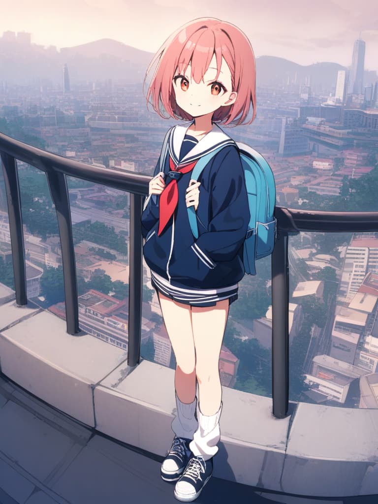   junior high , (male ), sailor suit, mini , transvese, short hair, cute smile, backpack, ultra long loose socks, bottom sneakers, whole body, city landscape,