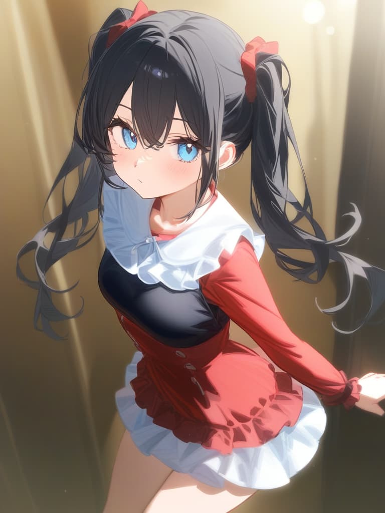  cute face focus,cute,black hair,light blue eyes,cute posing,frill onepiece,twin tail